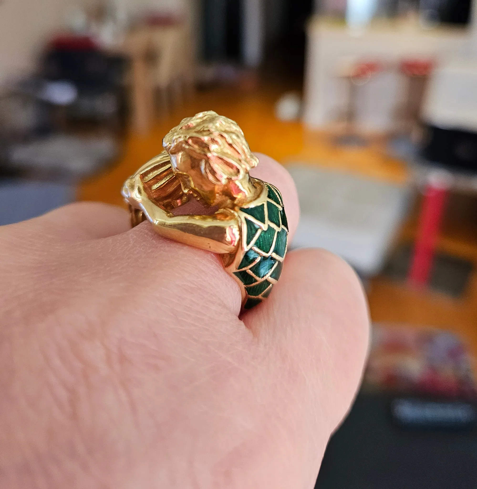 Vintage David Webb’s Aquarius Zodiac 18K Yellow Gold Green Enamel Ring, 1970s