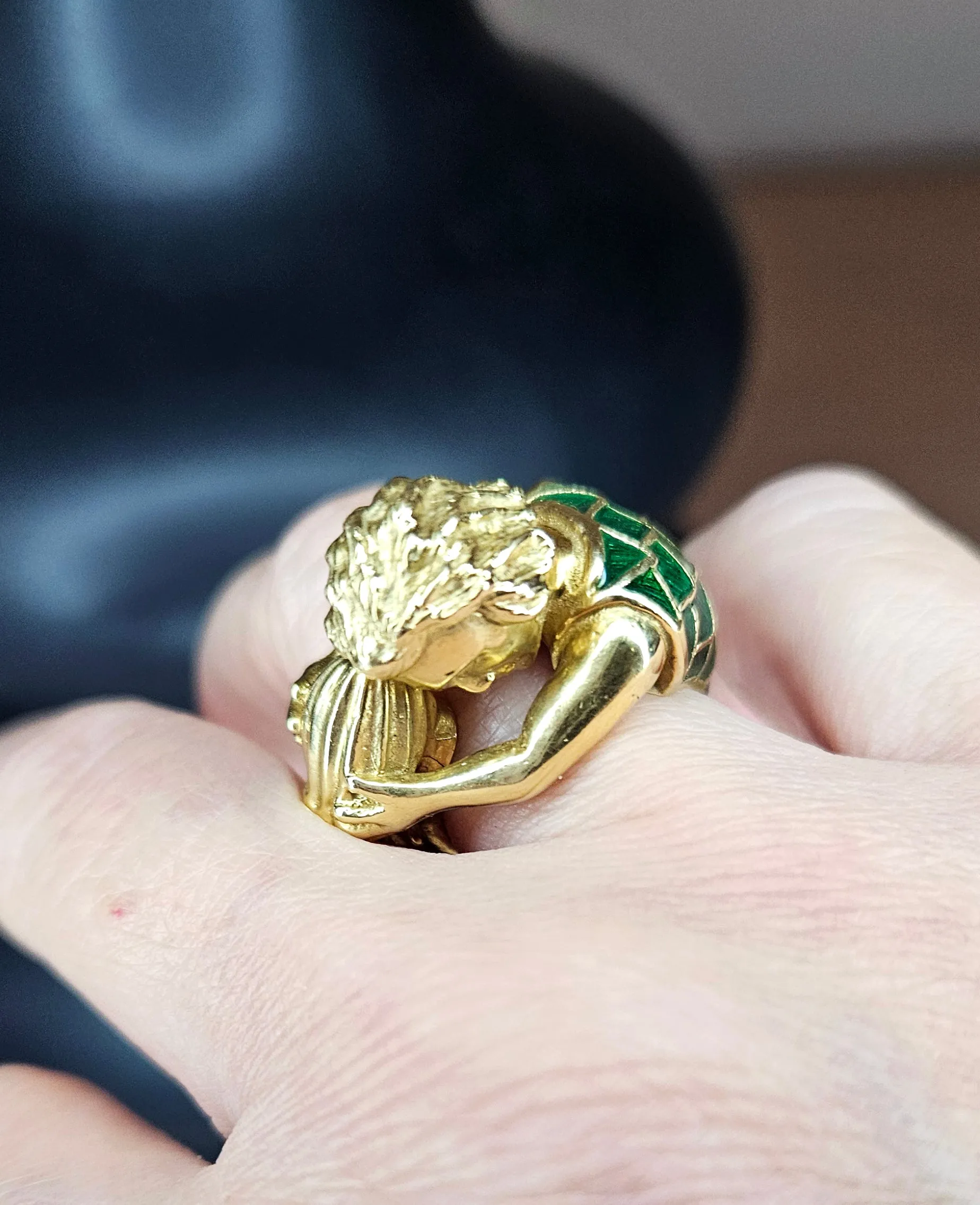 Vintage David Webb’s Aquarius Zodiac 18K Yellow Gold Green Enamel Ring, 1970s