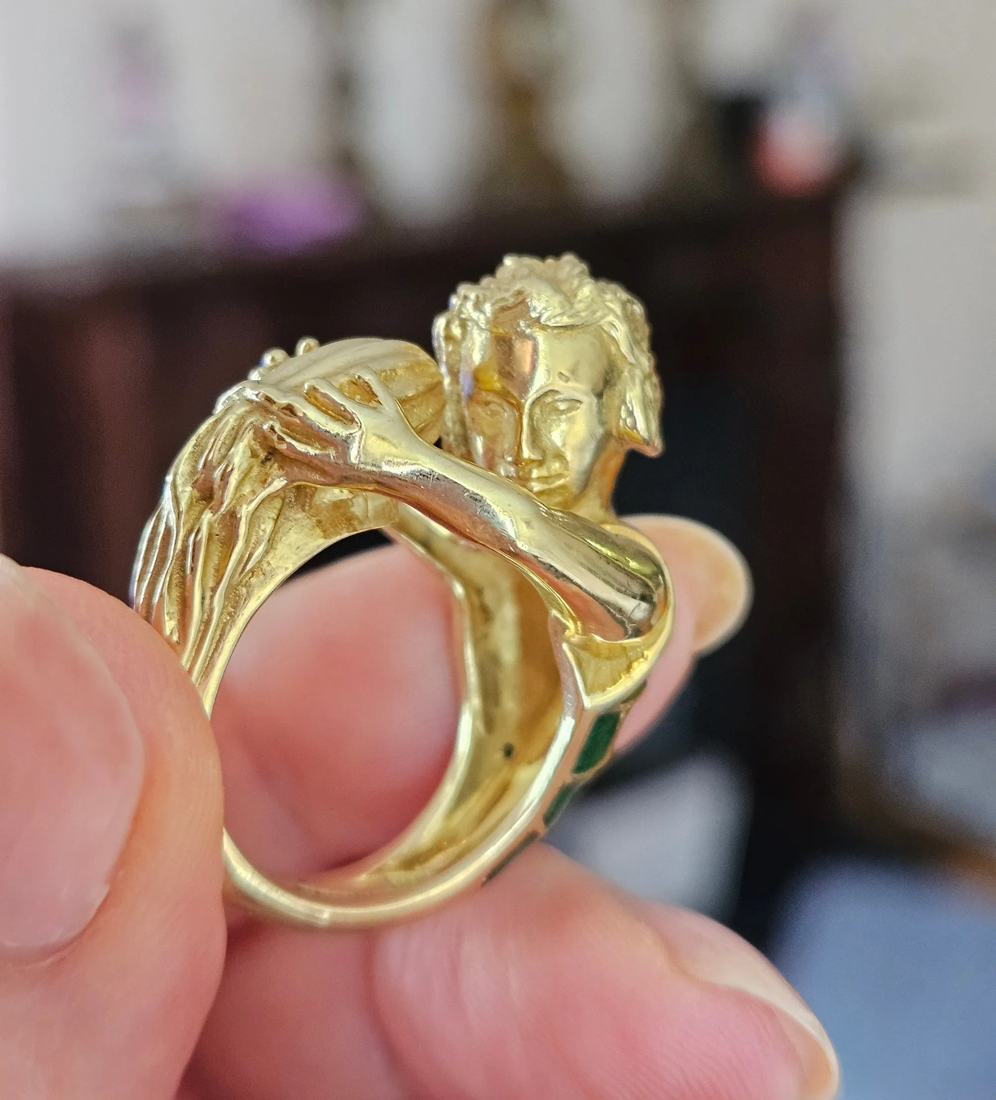 Vintage David Webb’s Aquarius Zodiac 18K Yellow Gold Green Enamel Ring, 1970s