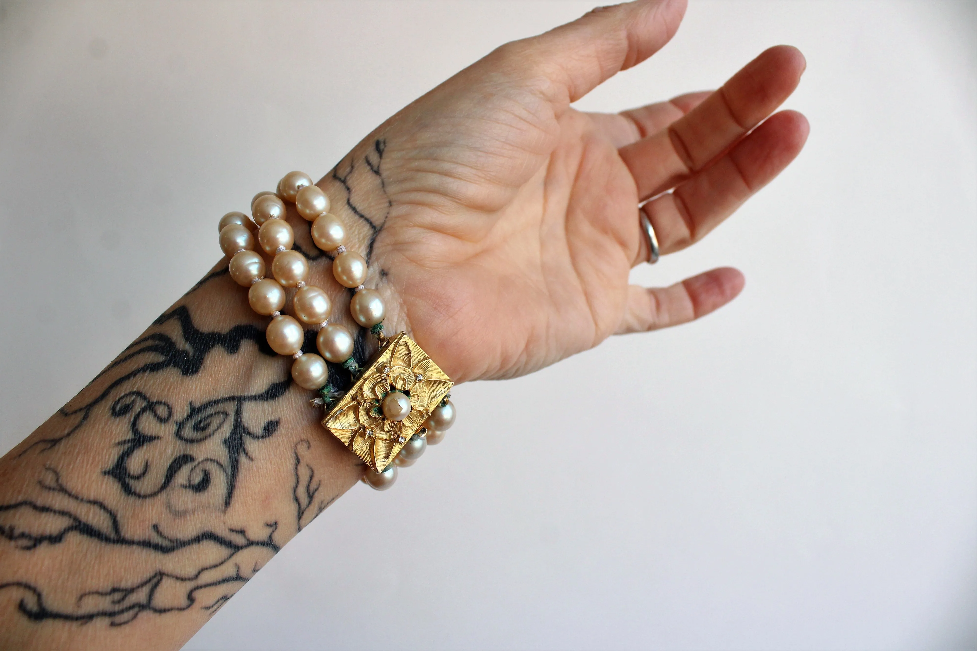 Vintage Mid Century Faux Pearl Bracelet with Ornate Clasp