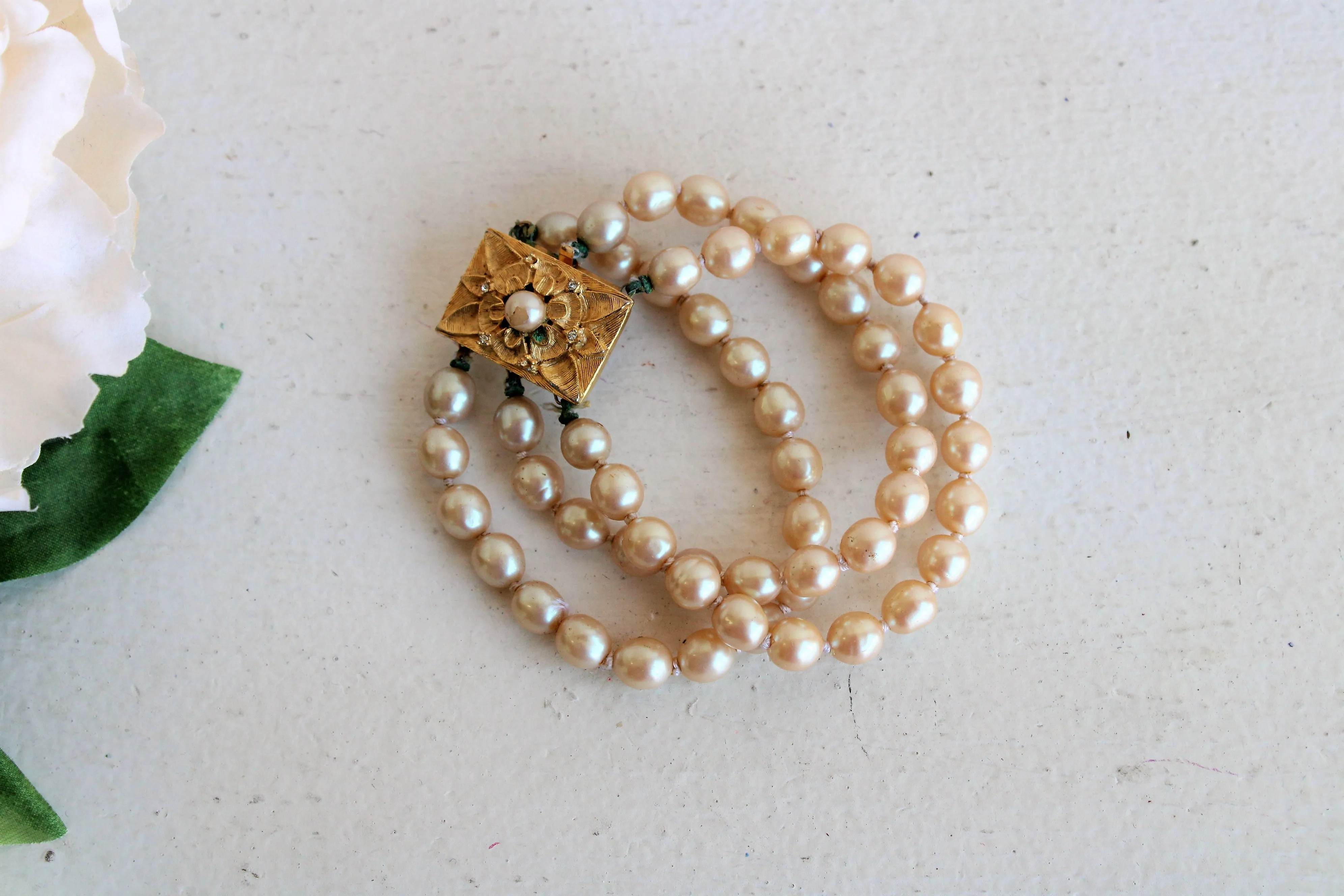 Vintage Mid Century Faux Pearl Bracelet with Ornate Clasp