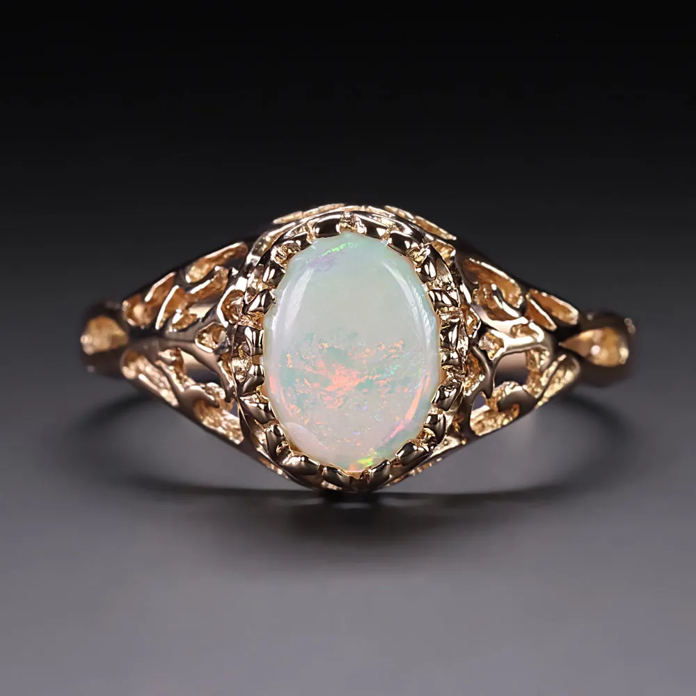 VINTAGE OPAL SOLITAIRE RING 14k YELLOW GOLD FILIGREE NATURAL OVAL SHAPE ESTATE