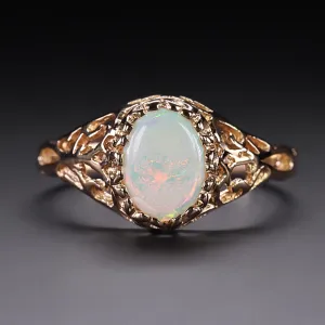 VINTAGE OPAL SOLITAIRE RING 14k YELLOW GOLD FILIGREE NATURAL OVAL SHAPE ESTATE