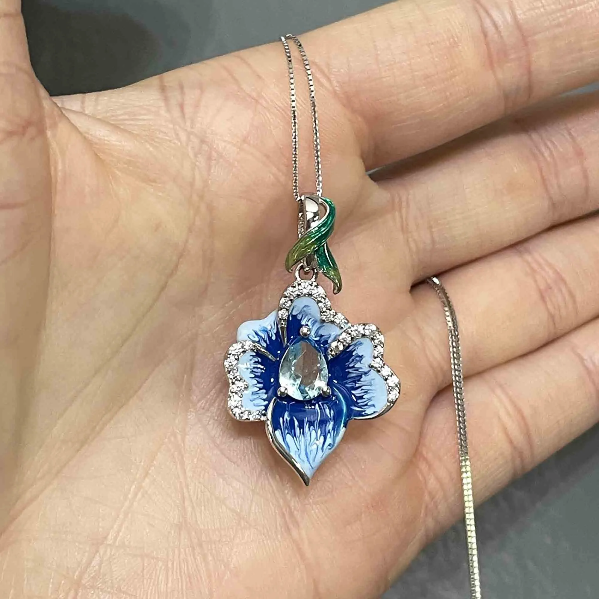 Vintage Sterling Silver Enamel Blue Topaz Flower Pendant Necklace