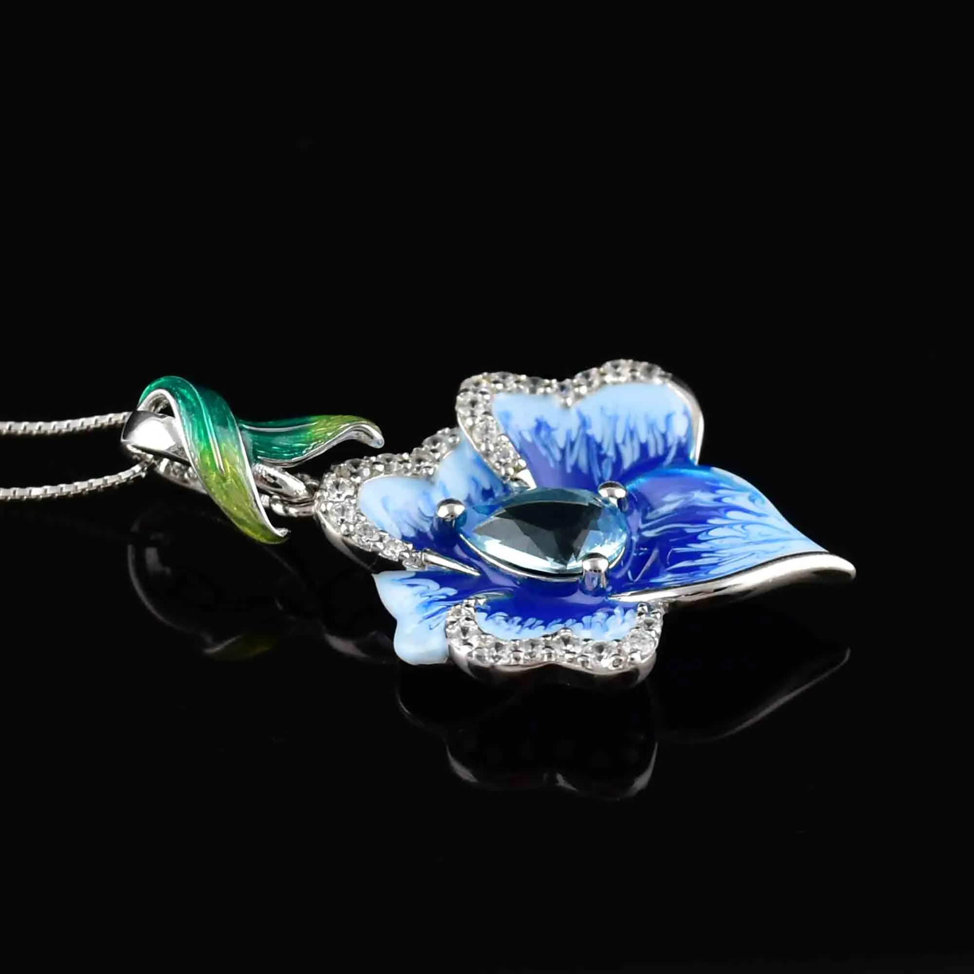 Vintage Sterling Silver Enamel Blue Topaz Flower Pendant Necklace