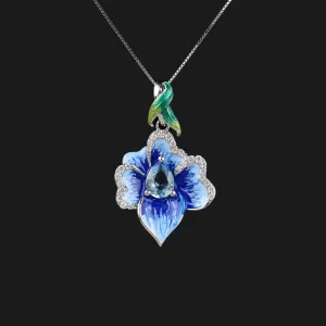 Vintage Sterling Silver Enamel Blue Topaz Flower Pendant Necklace