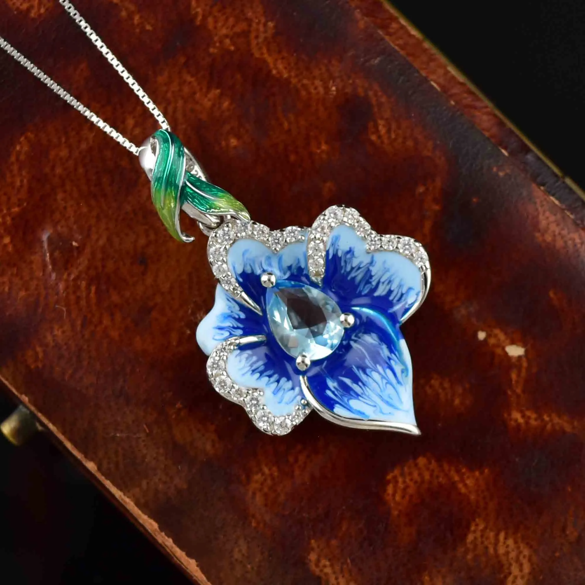 Vintage Sterling Silver Enamel Blue Topaz Flower Pendant Necklace