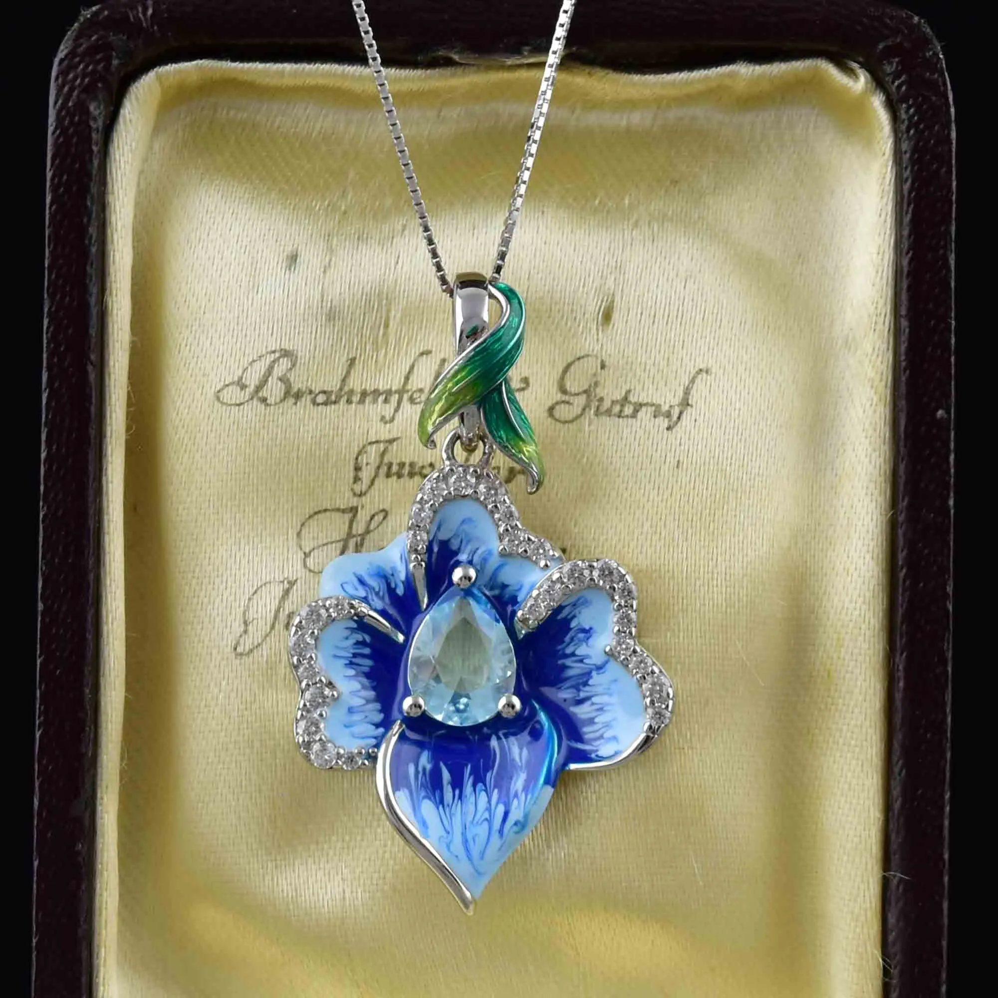 Vintage Sterling Silver Enamel Blue Topaz Flower Pendant Necklace