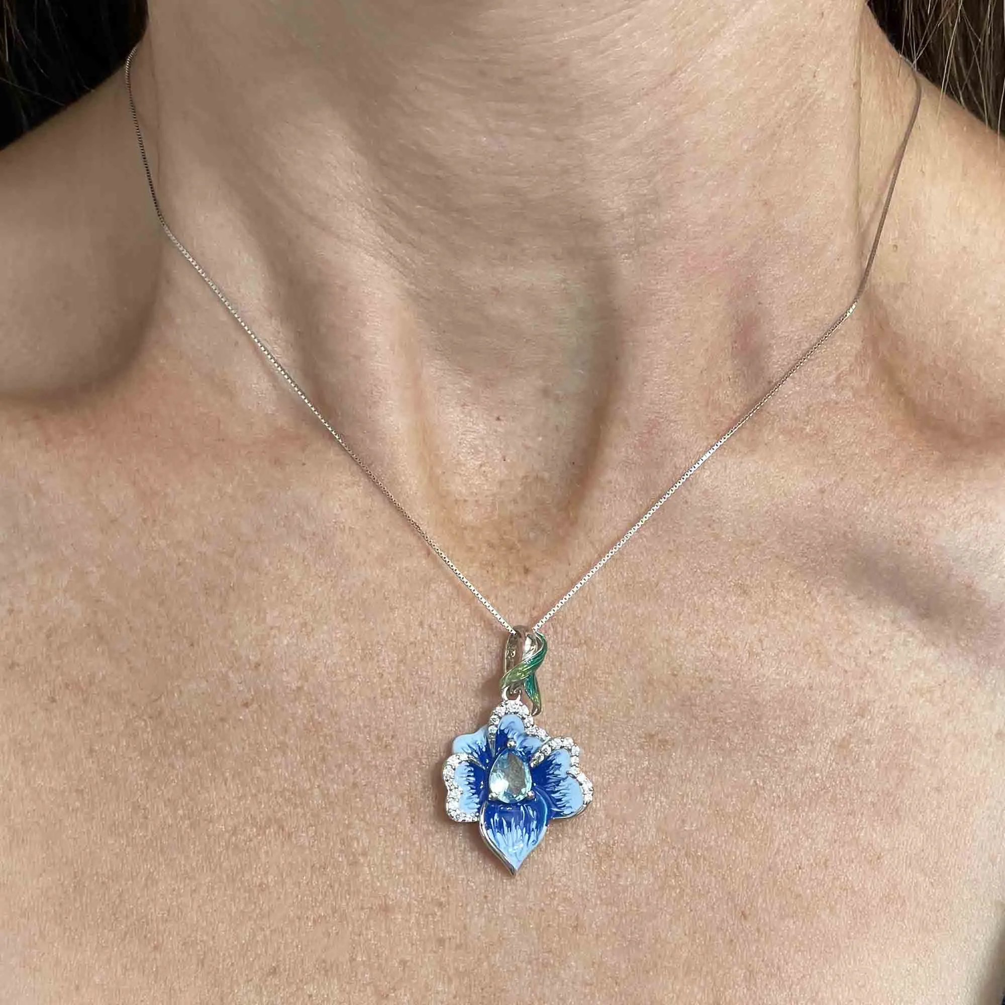 Vintage Sterling Silver Enamel Blue Topaz Flower Pendant Necklace
