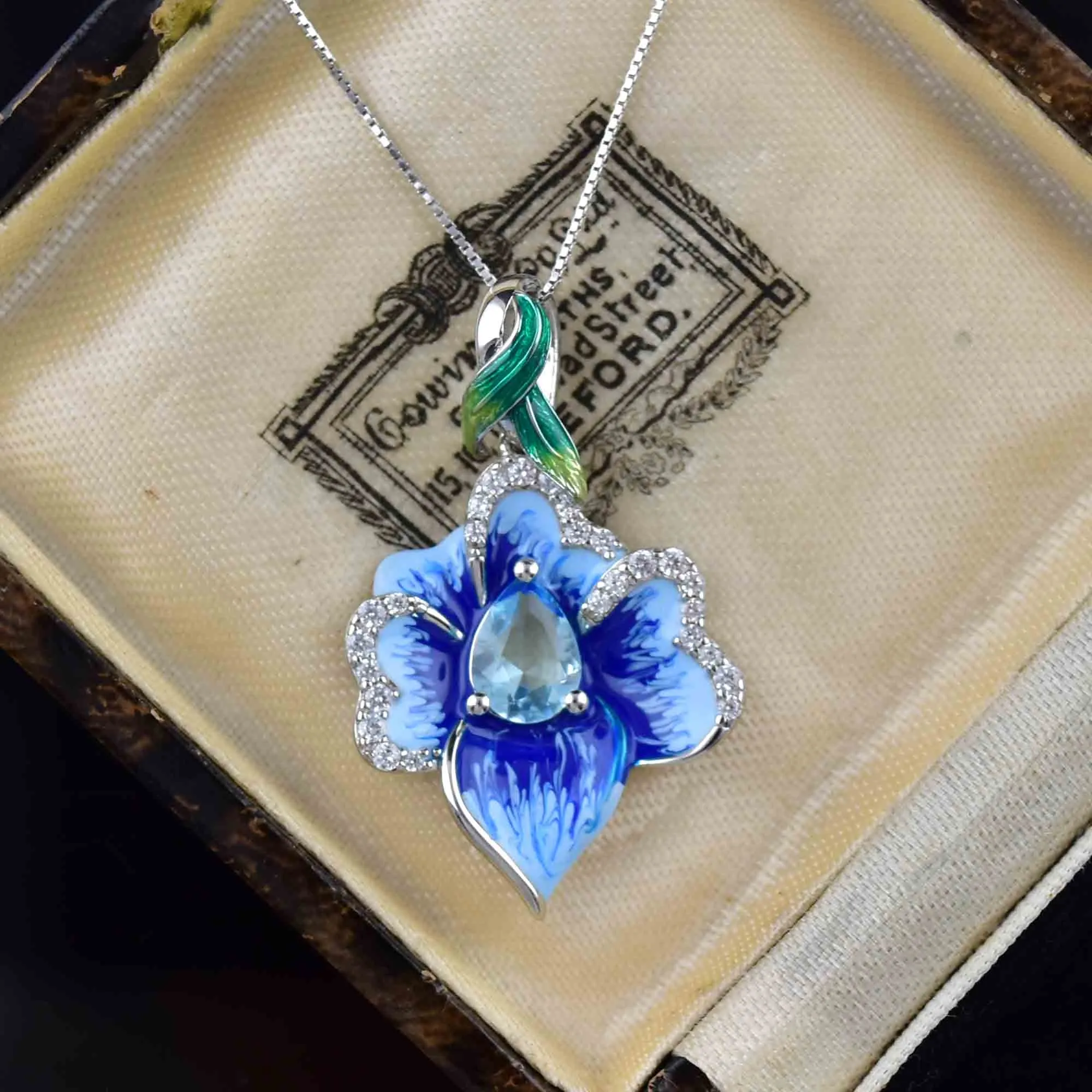 Vintage Sterling Silver Enamel Blue Topaz Flower Pendant Necklace