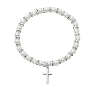 White Baby Stretch Bracelet and Sterling Cross Boxed  - BR44