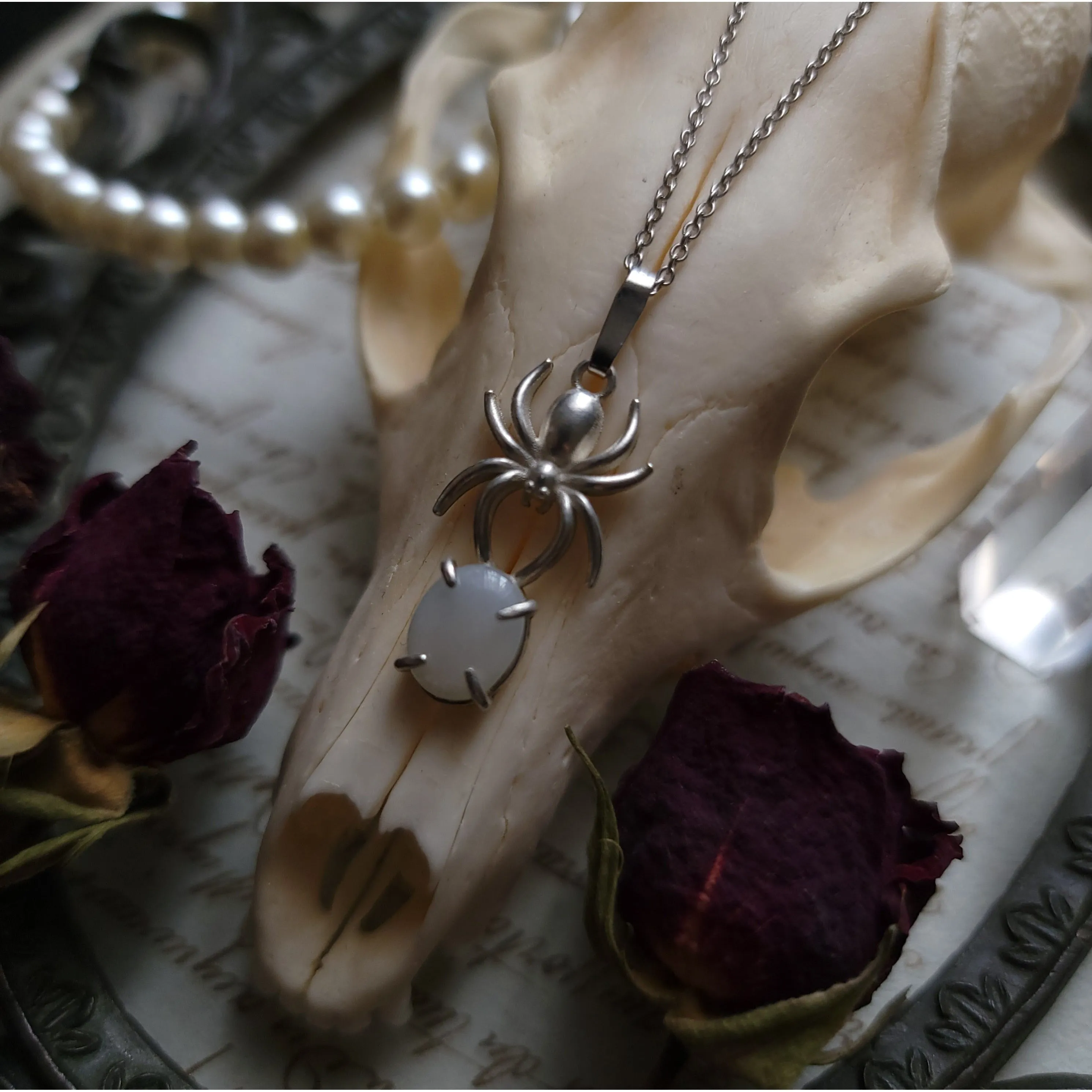 White Moonstone Spider Necklace - Sterling Silver