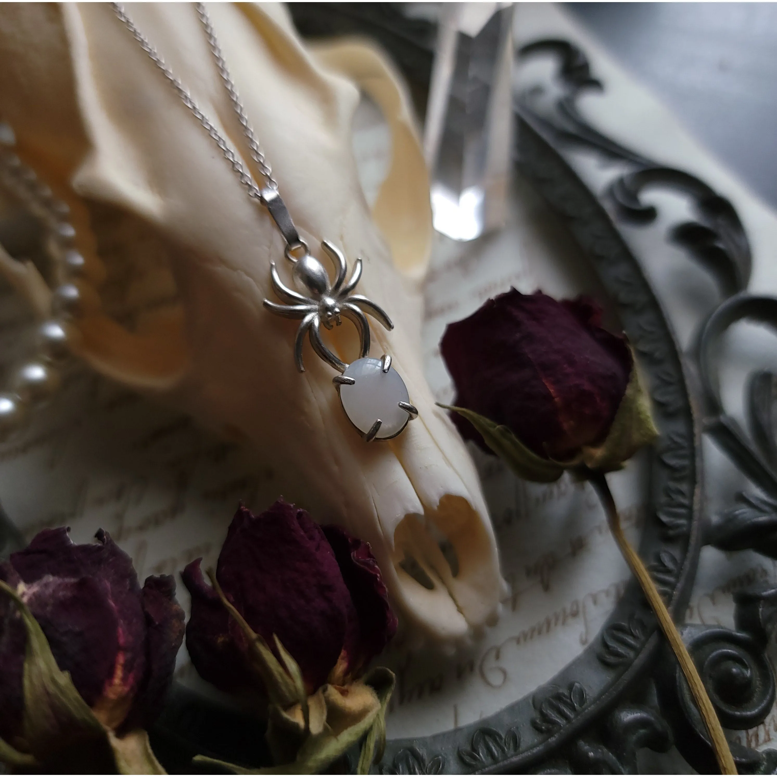 White Moonstone Spider Necklace - Sterling Silver