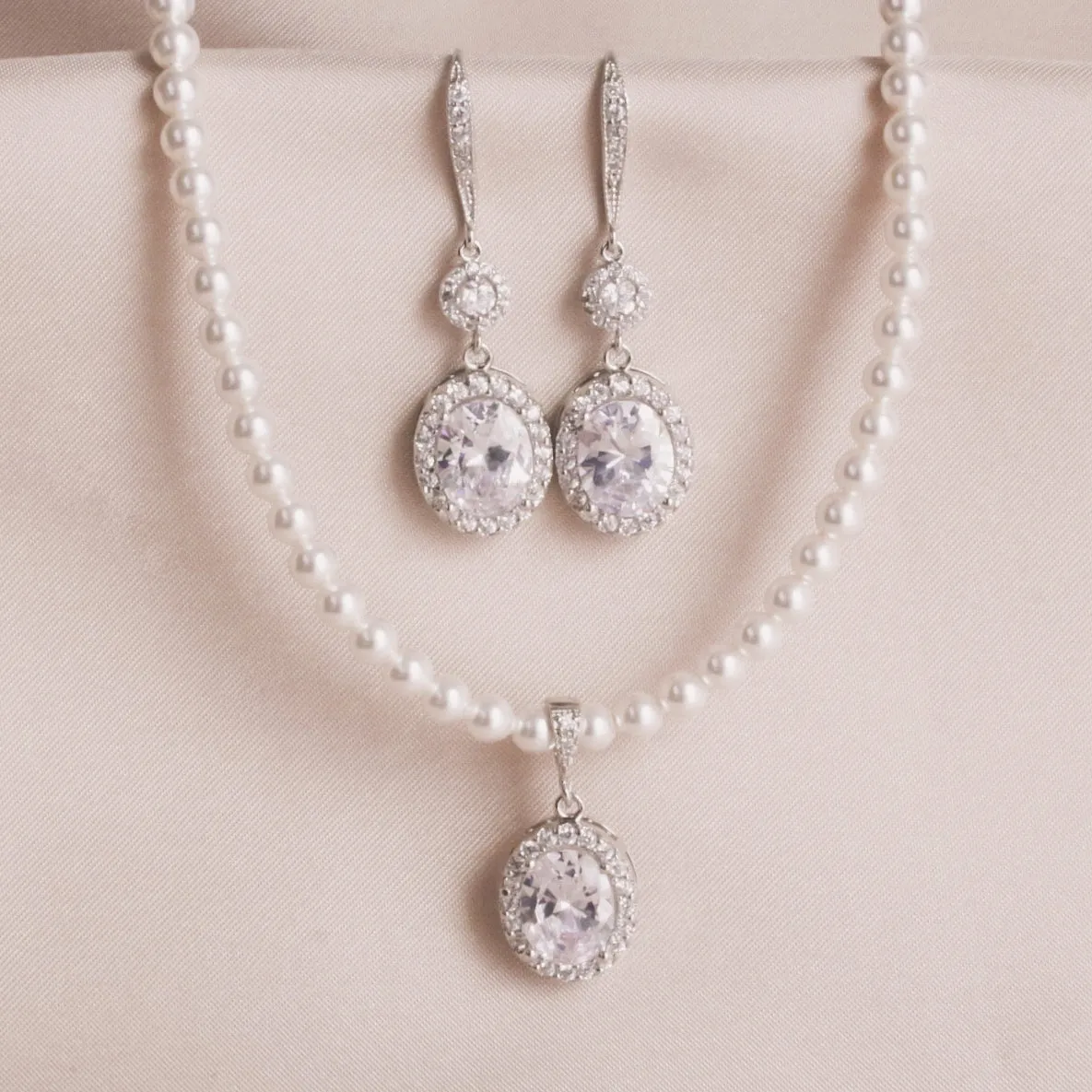 White Pearl Oval Cubic Zirconia Teardrop Earring & Necklace Set