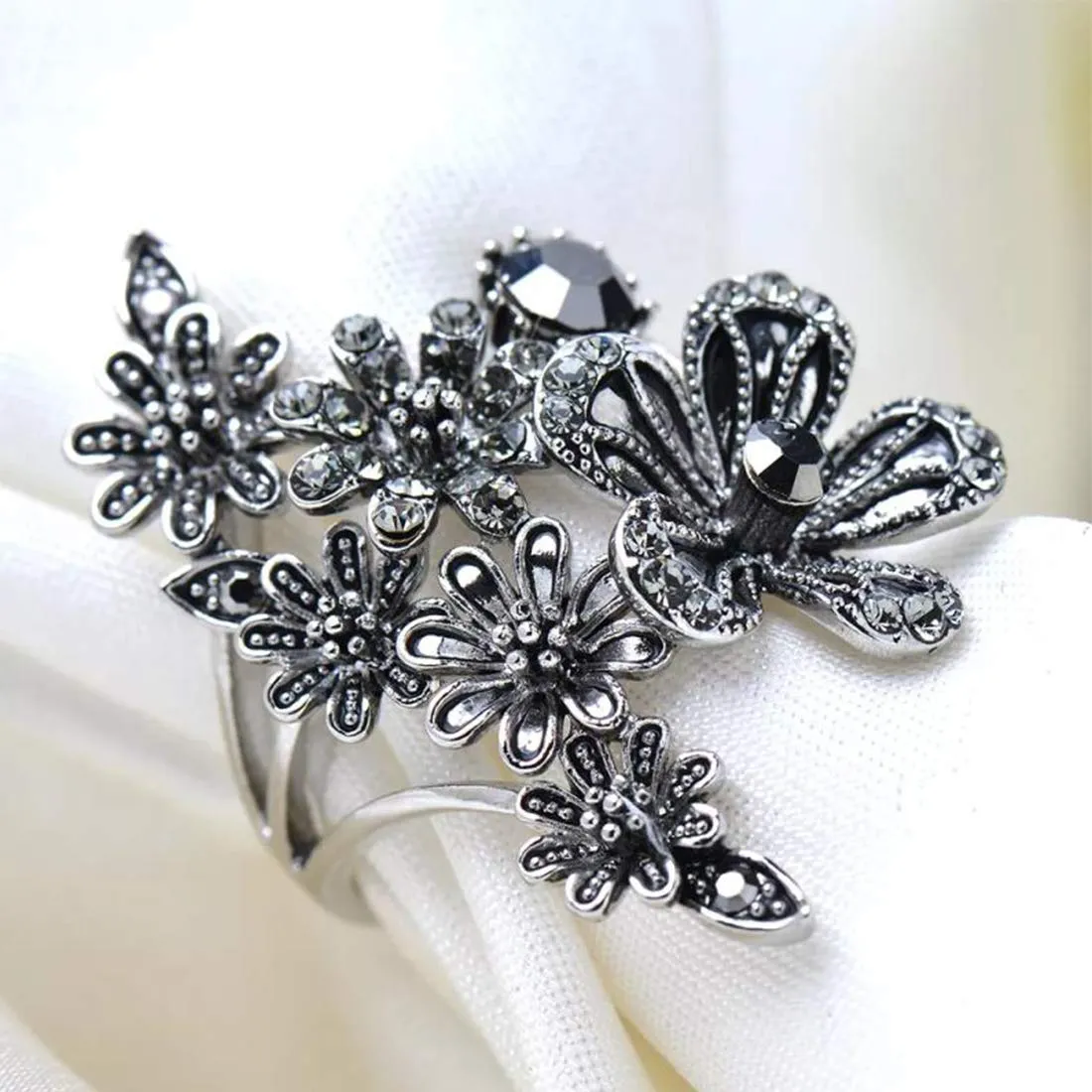 Yellow Chimes Elegant Oxidized Silver Flower Black Crystal Stone Antique Style Cocktail Ring for Women & Girls