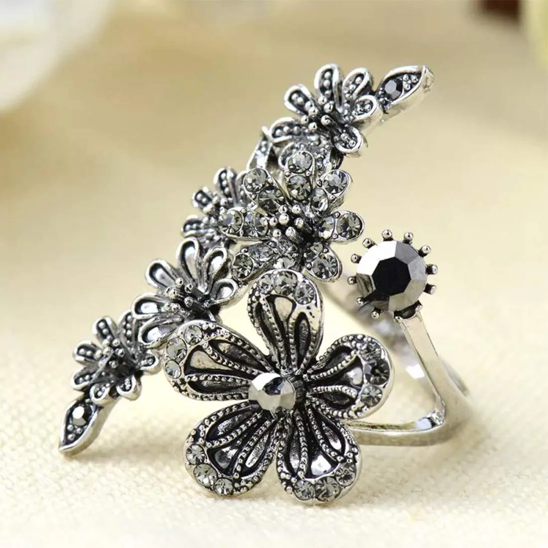 Yellow Chimes Elegant Oxidized Silver Flower Black Crystal Stone Antique Style Cocktail Ring for Women & Girls