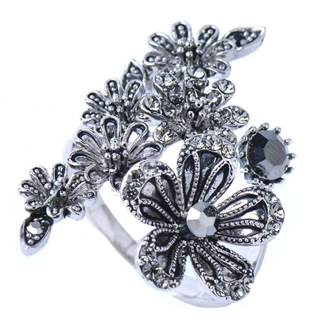 Yellow Chimes Elegant Oxidized Silver Flower Black Crystal Stone Antique Style Cocktail Ring for Women & Girls
