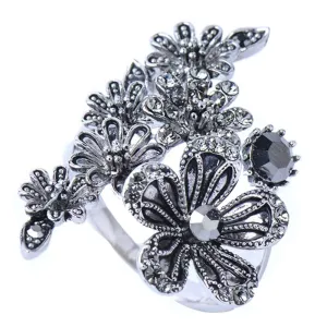 Yellow Chimes Elegant Oxidized Silver Flower Black Crystal Stone Antique Style Cocktail Ring for Women & Girls