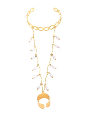 Yellow Chimes Ring Bracelet for Women and Girls Bracelet With Ring for Girls | Gold Plated Pearl Drop Chain Ring Bracelet | Birthday Gift For Girls and Women
