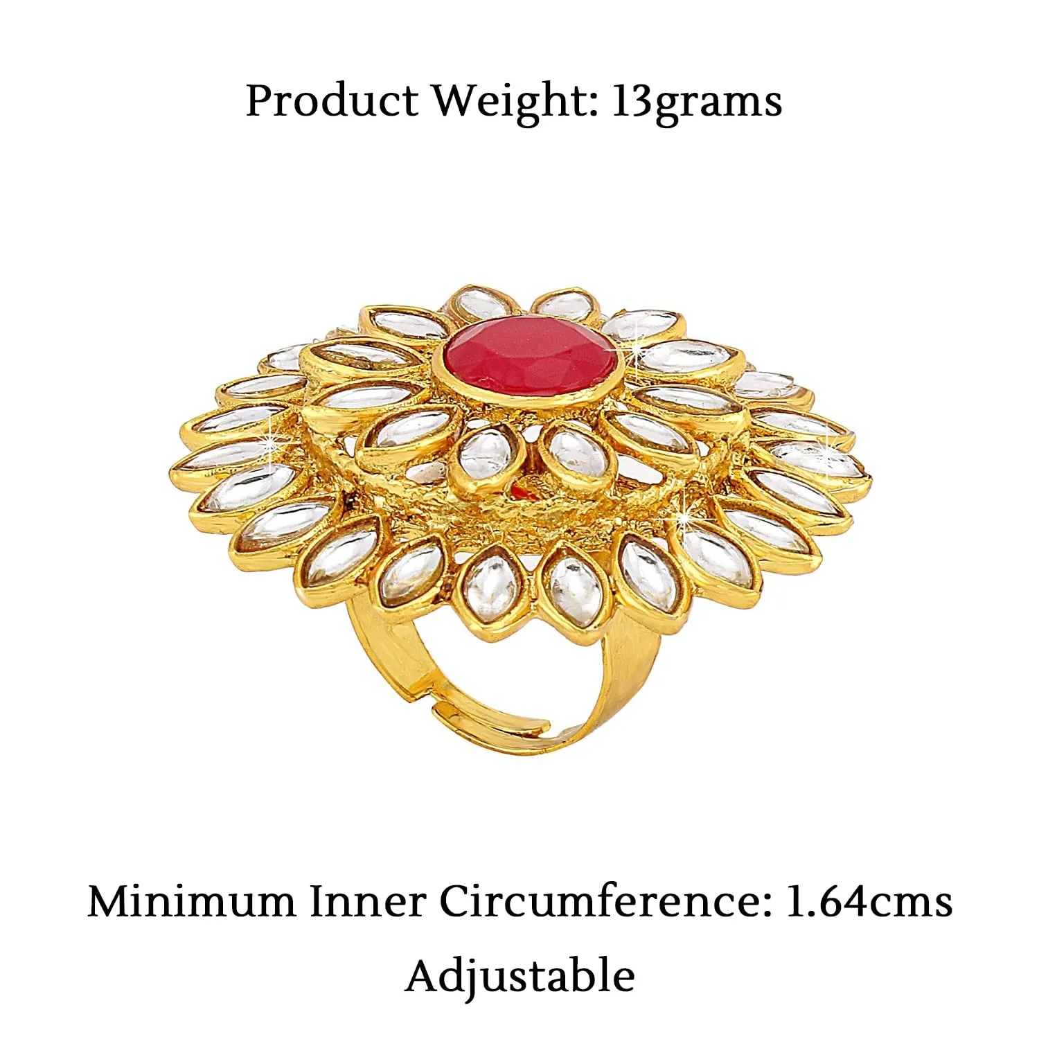 Yellow Chimes Women's Traditional Red Cocktail Adjustable Stone Gold Plated Kundan Studded Cocktail Finger Ring