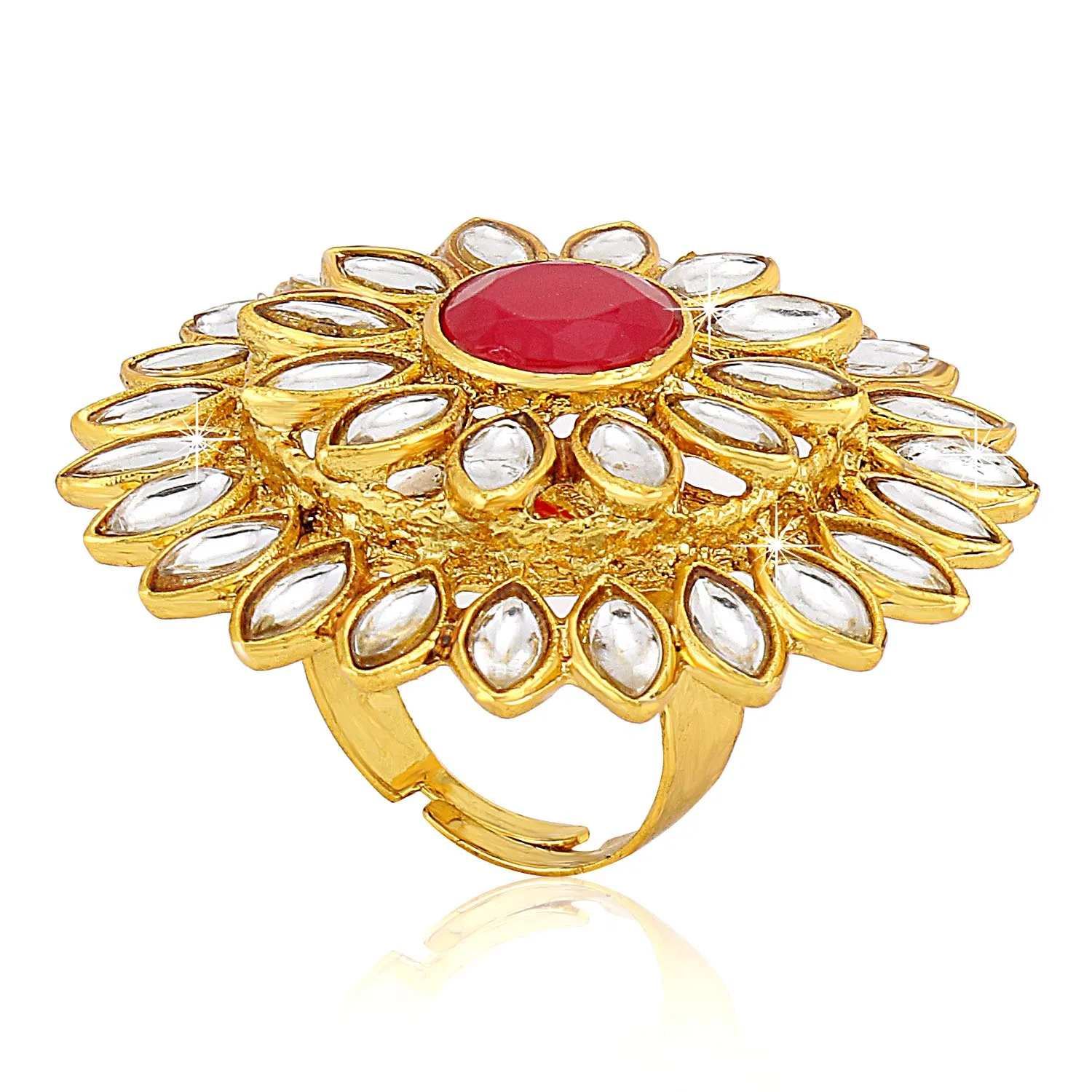 Yellow Chimes Women's Traditional Red Cocktail Adjustable Stone Gold Plated Kundan Studded Cocktail Finger Ring