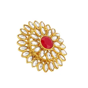 Yellow Chimes Women's Traditional Red Cocktail Adjustable Stone Gold Plated Kundan Studded Cocktail Finger Ring