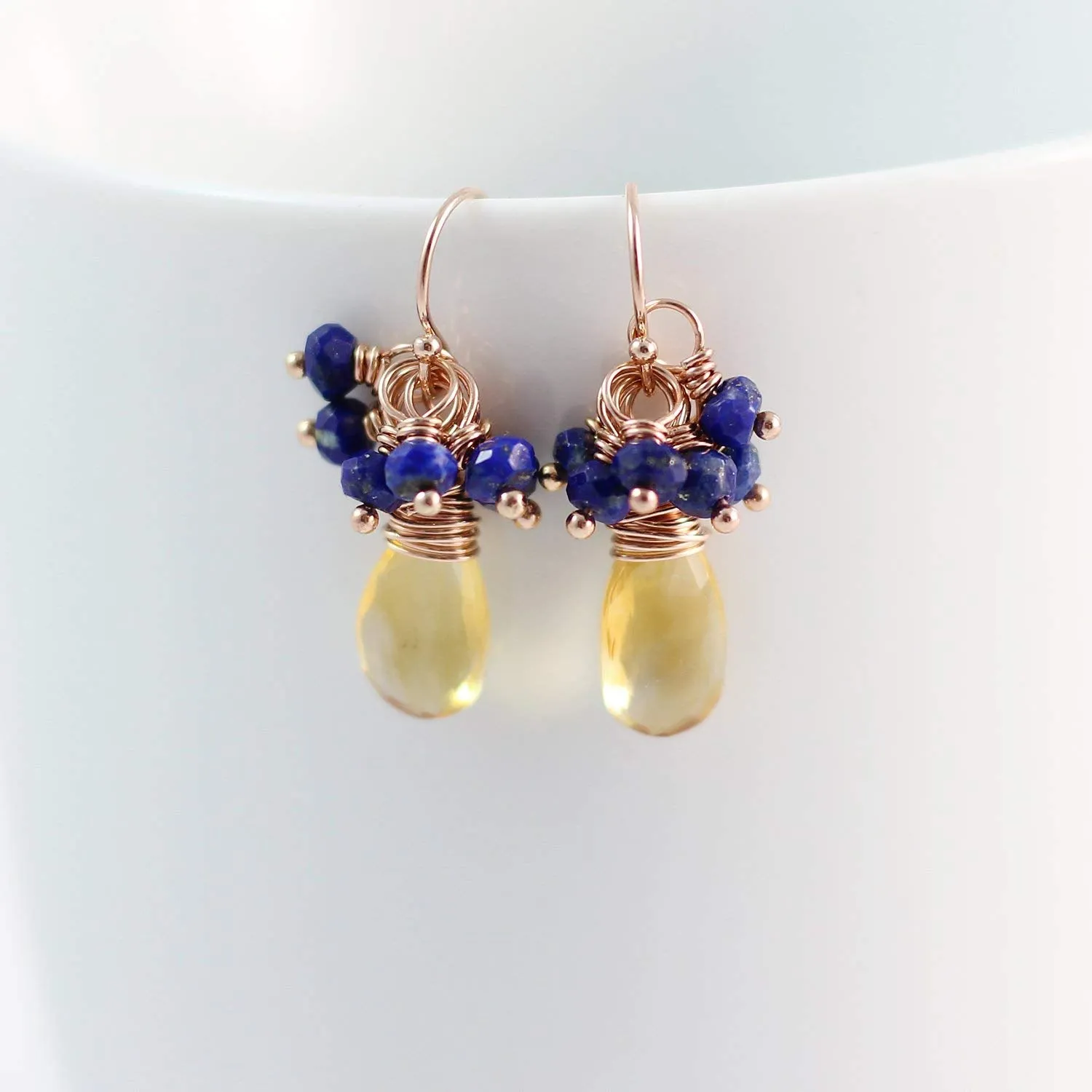 Yellow Citrine and Blue Lapis Rose Gold Gemstone Earrings