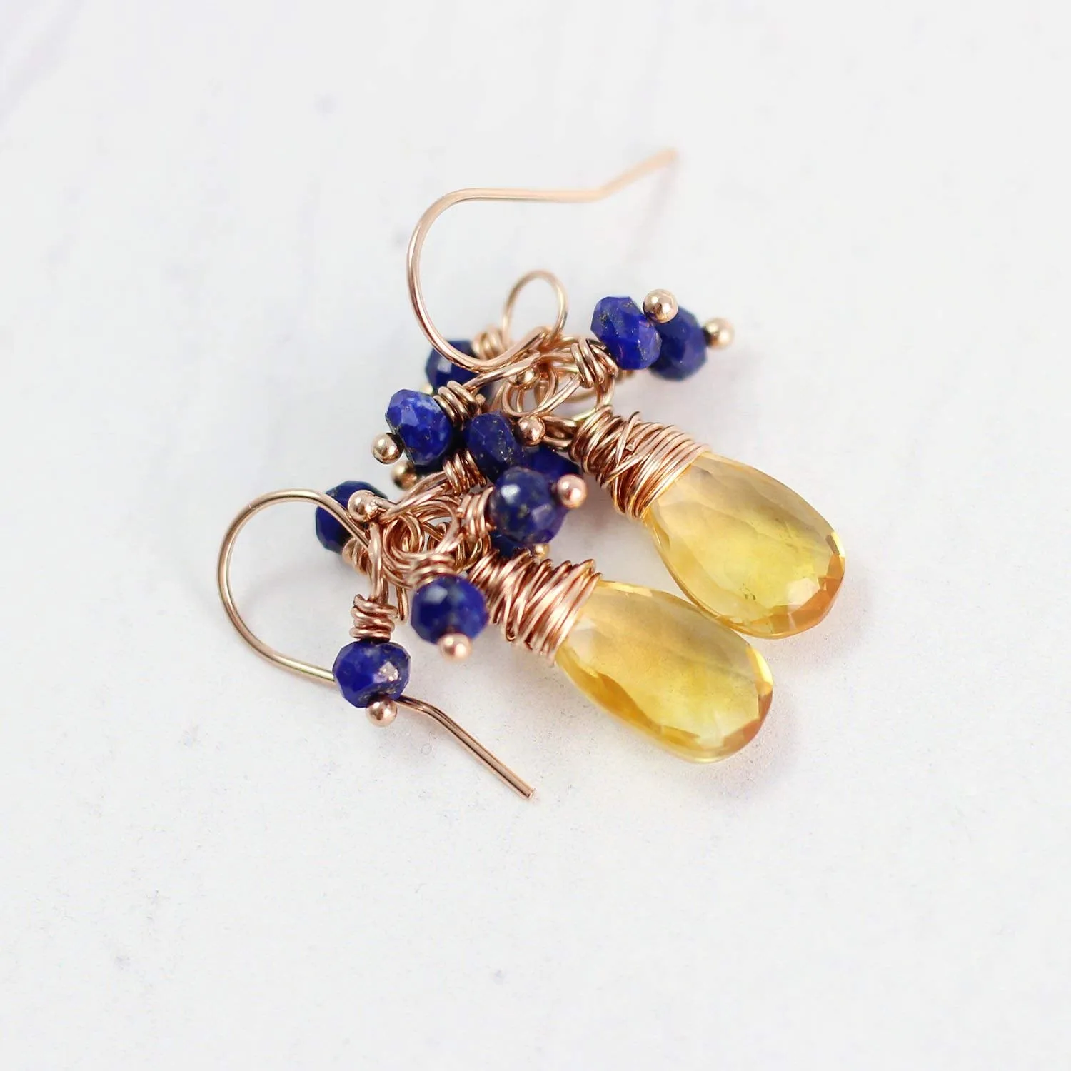 Yellow Citrine and Blue Lapis Rose Gold Gemstone Earrings