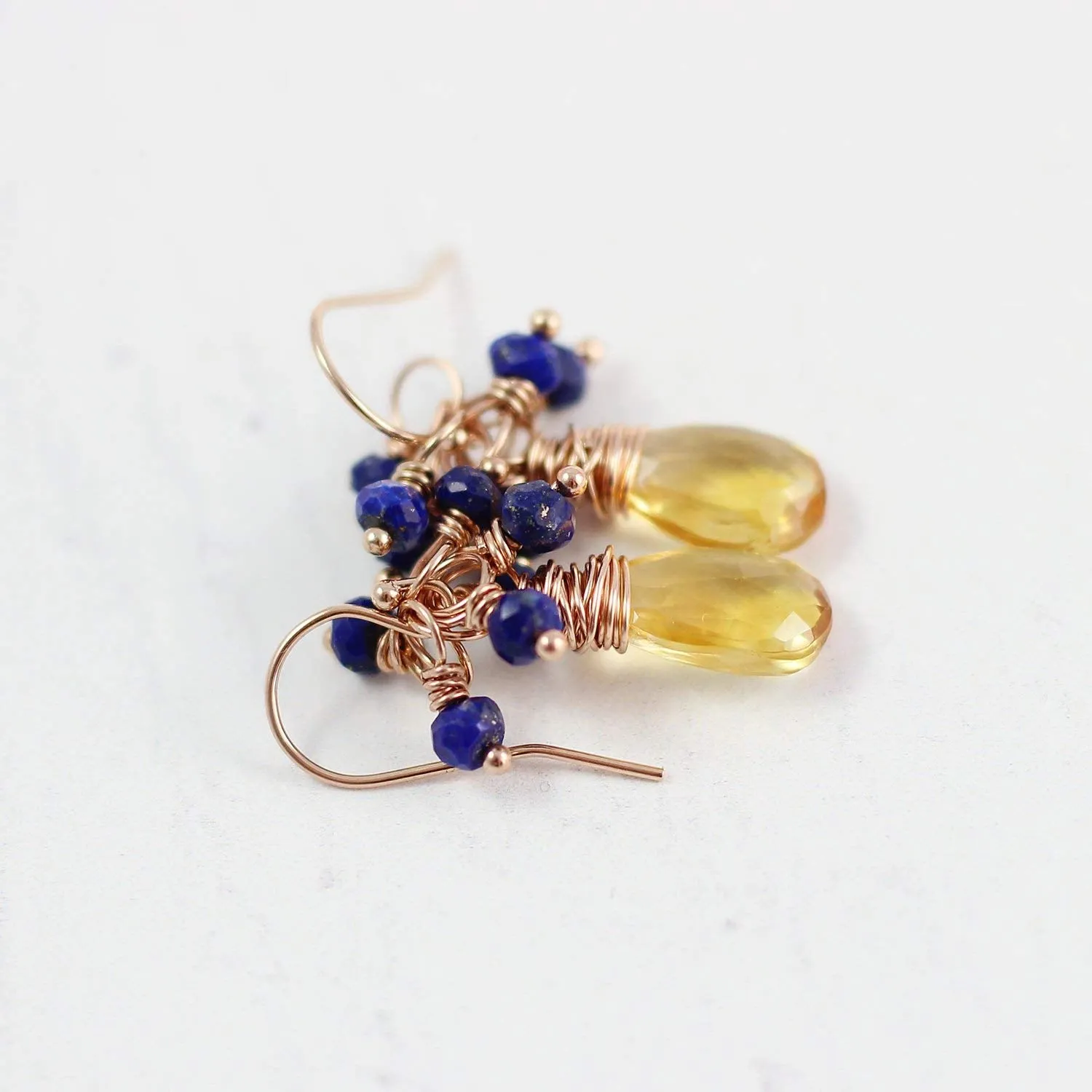 Yellow Citrine and Blue Lapis Rose Gold Gemstone Earrings