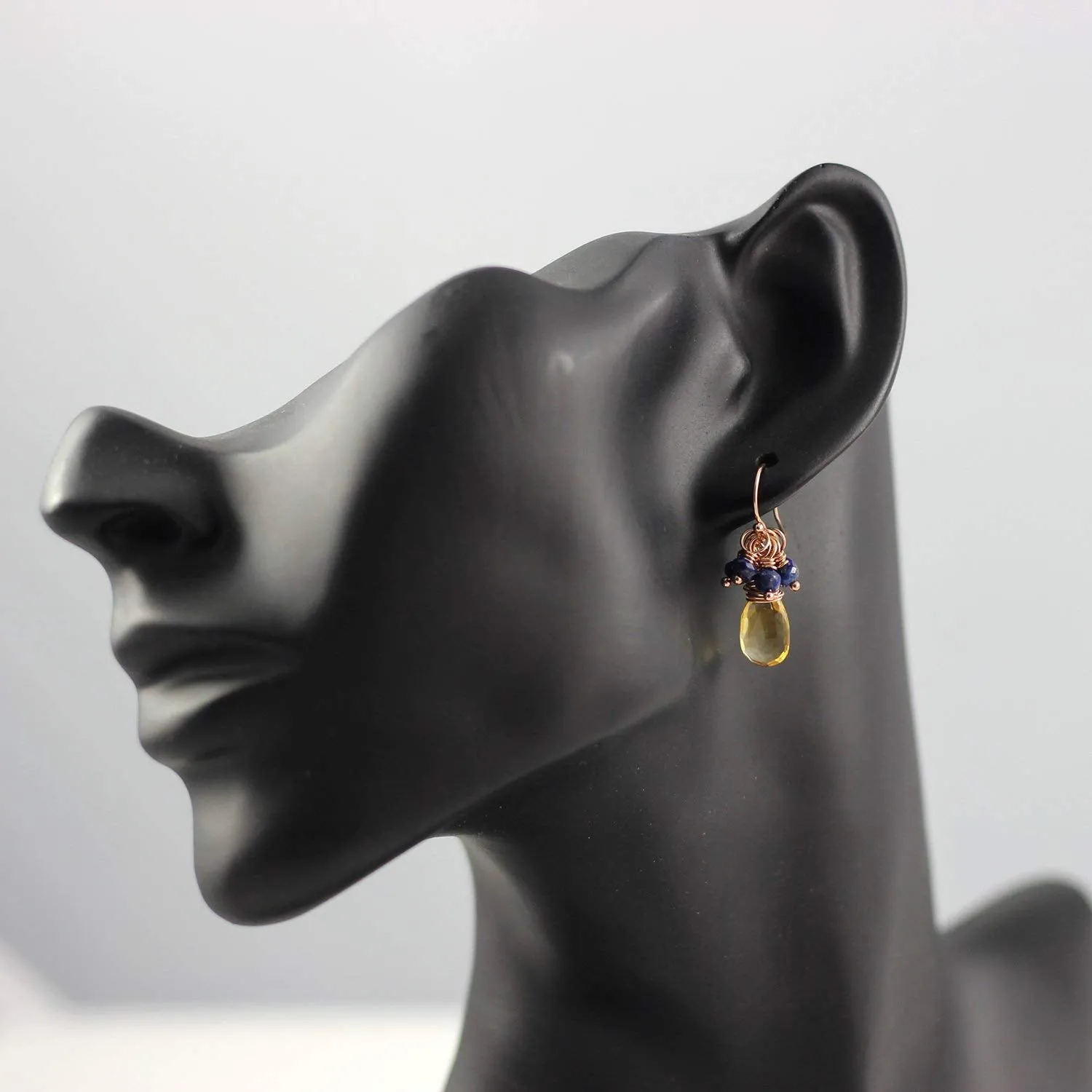 Yellow Citrine and Blue Lapis Rose Gold Gemstone Earrings