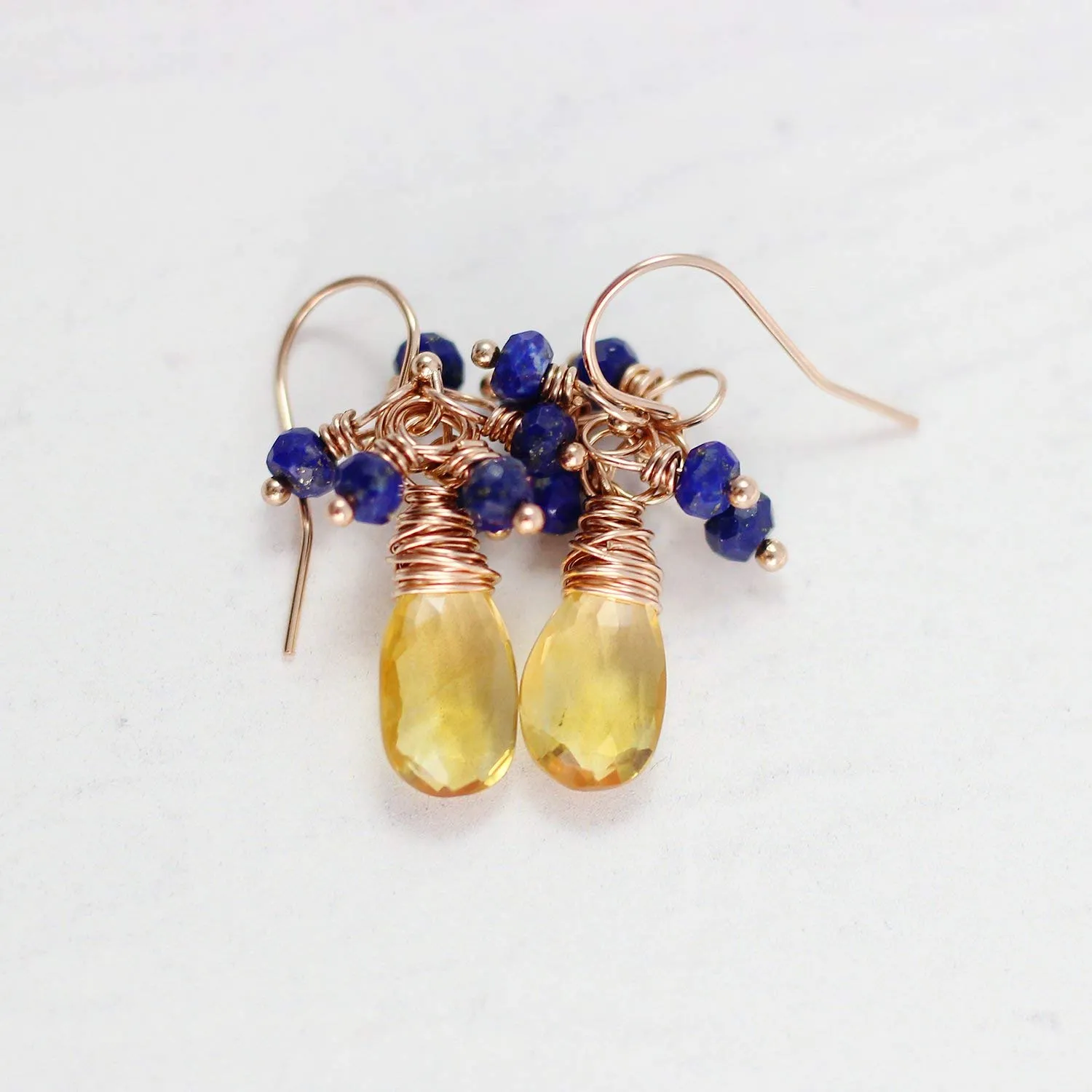 Yellow Citrine and Blue Lapis Rose Gold Gemstone Earrings